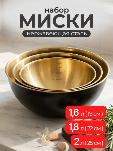 Порядок Набор мисок из нержавеющей стали 3 штуки круглые черные