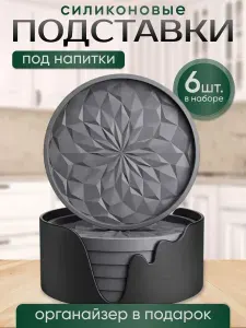 Подставки под напитки, силикон, набор 6 шт. цвет серый, круглые