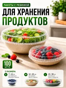 Пакеты крышки на резинке 100шт для хранения продуктов 12-36 см