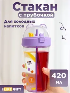 Тамблер детский стакан с трубочкой и крышкой пластиковый