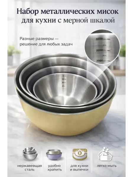 LI Liza Миски для кухни металлические набор из нержавеющей стали 4шт