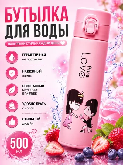 Бутылка для воды Pure Love, 500 мл, с крышкой-кнопкой, герметичная спортивная бутылка