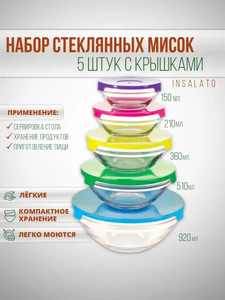 Mallony Набор мисок с крышками для кухни, 5 шт