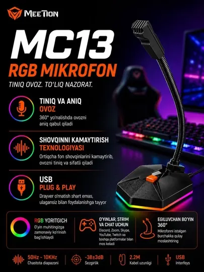 Микрофон Игровой USB-микрофон Meetion MC13 RGB