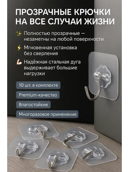 MegaMix3 Прозрачные самоклеящиеся крючки без сверления 10 шт