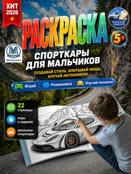 MINDZONEAST Интерактивная раскраска для мальчиков Спорткары