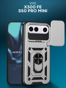 Противоударный чехол для Vivo X300FE и S50 Pro Mini (Виво Х300 ФЕ и С50 Про Мини) пластиковый, бронированный, с кольцом для пальцев, черно-серебристый ROSCO