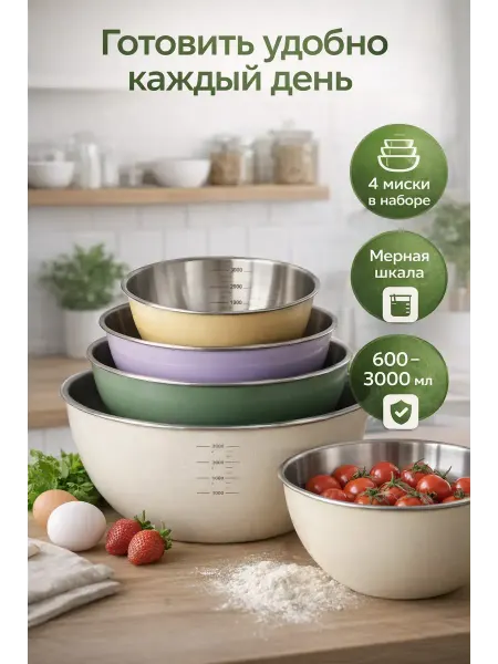 MOLDINDIRA Миски кухонные из нержавеющей стали,салатники набор 4 шт