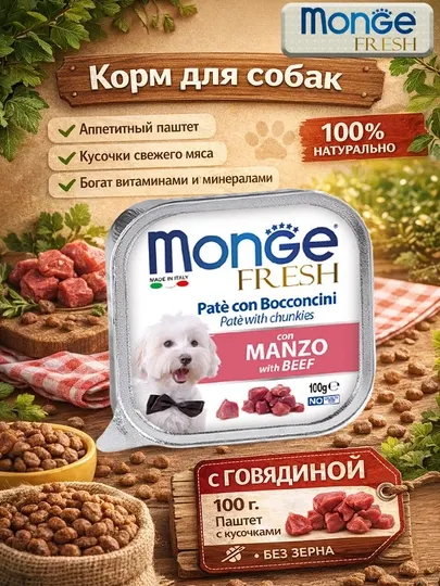 Monge нежные кусочки в паштете из телятиныдля собак 100 гр по 3 штуки