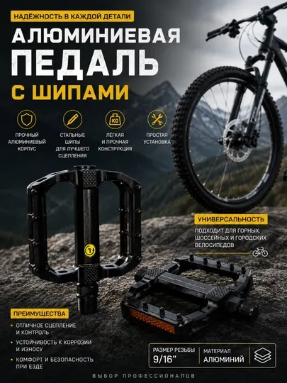 Чёрные алюминиевые педали с шипами для велосипеда —педали для MTB и спортивных велосипедов