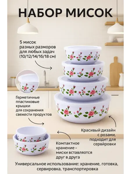 NAMA.ST Эмалированные контейнеры пищевые с крышкой набор 5 шт