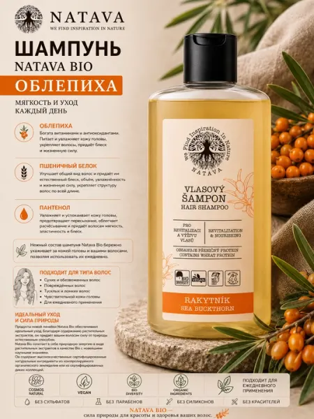 Шампунь без сульфатный для волос, облепиха, Natava, 250 мл