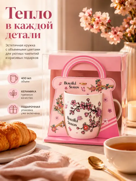 NDJ Подарочная кружка для чая и кофе с объемными цветами