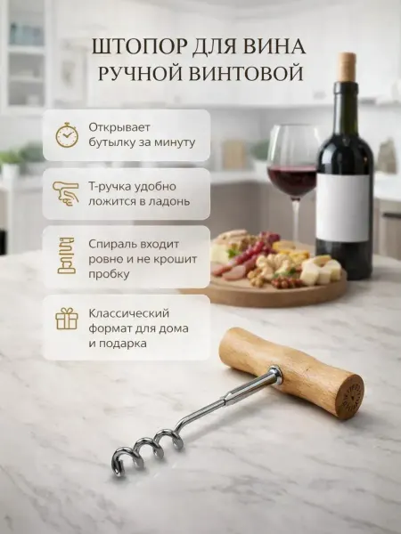 A.NI1 Штопор винтовой (ручной), спиральный, с деревянной ручкой