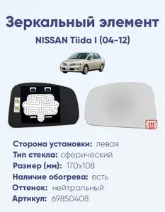Зеркальный элемент для автомобиля NISSAN Tiida I (04-12) сфера нейтральный с обогревом -L-