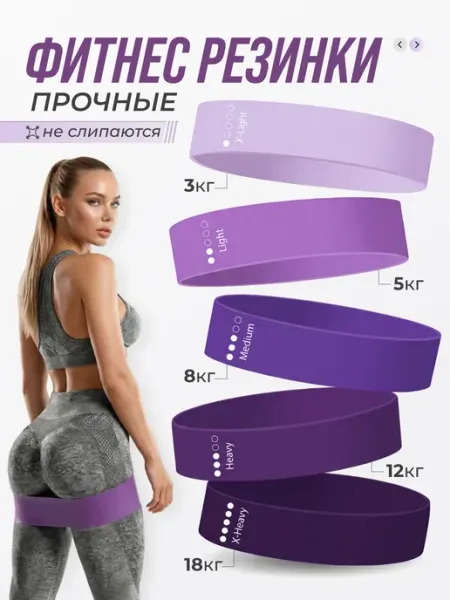 Резинки для фитнеса женские для ног рук и ягодиц 5 шт набор