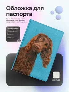 Обложка на паспорт с собакой спаниель синий фон