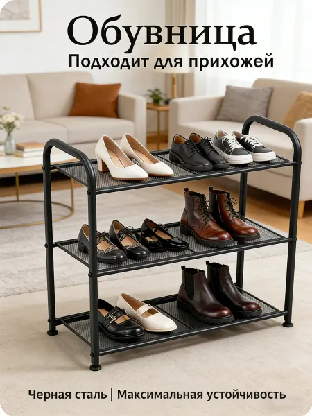 Трехъярусная сетчатая полка для обуви для прихожей