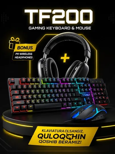 Игровой комплект TF200 RGB клавиатура и мышь + беспроводные наушники P9 в подарок