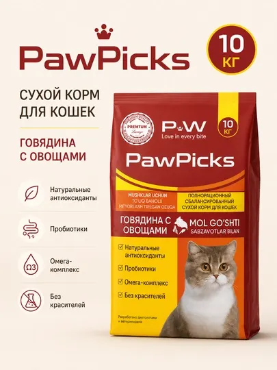 Сухой корм для кошек PawPicks "С говядиной", 10 кг