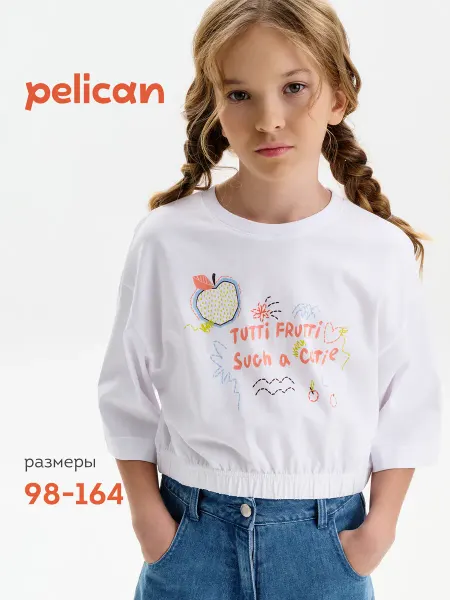 Pelican Футболка детская хлопковая укороченная с принтом на спине