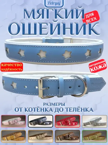 Petryaj Мягкий ошейник кожаный голубой звёзды
