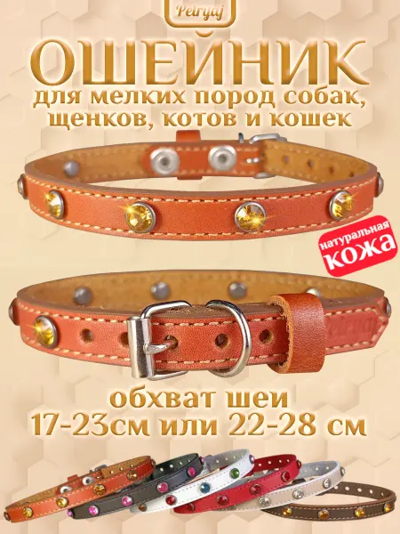 Petryaj Ошейник кожаный для мелких пород собак и кошек со стразами