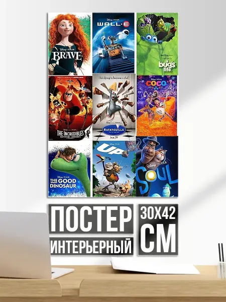 Плакат постер Коллаж мультфильмов Pixar