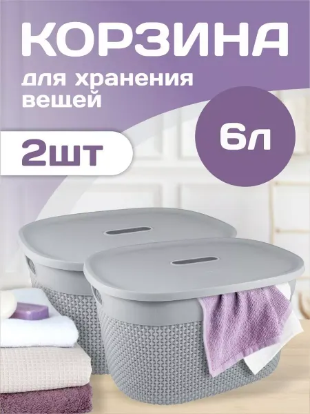 Plast team Пластиковая корзинка с крышкой 6 л 2 шт