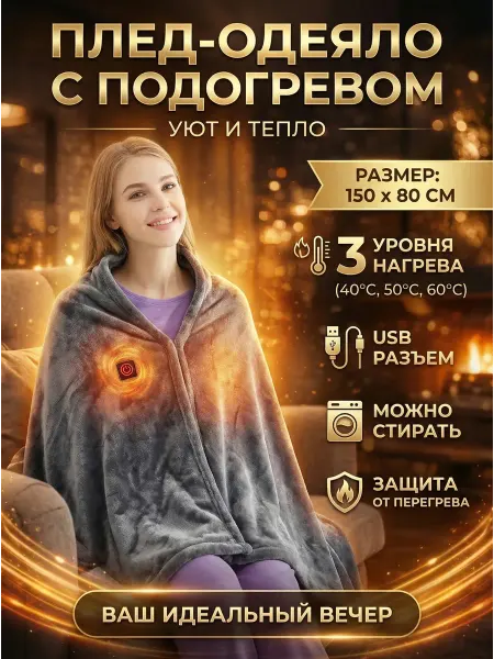 Одеяло мантия на молнии с подогревом от powerbank, серый