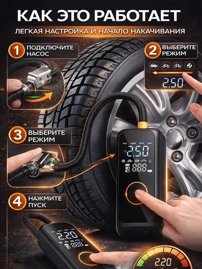 Мобильный автомобильный насос в виде Powerbank с цифровым дисплеем