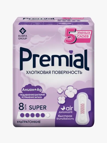 Прокладки женские гигиенические с крылышками PREMIAL, SUPERWINGS, 8 шт