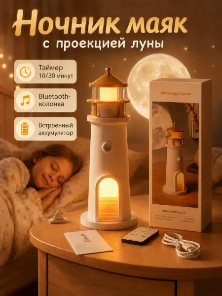 Pusdei Ночник маяк детский проектор луна с колонкой беспроводной