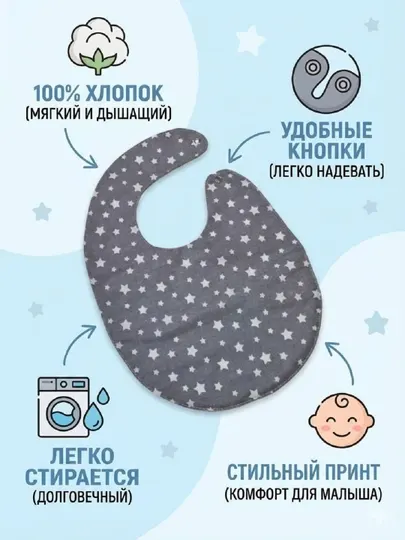 Непромокаемый детский слюнявчик-нагрудник из хлопка, на кнопках RELAX.UZB