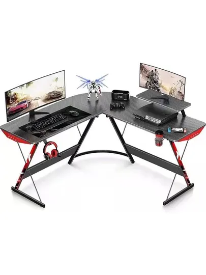 Игровой стол RGB карбон, эргономичный, подстаканник, крючок наушников, черный