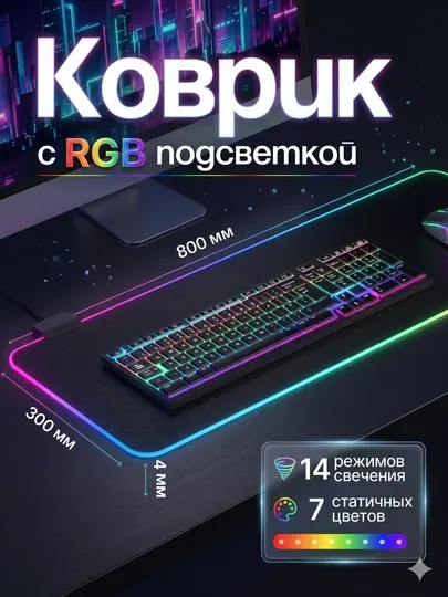 Игровой коврик с подсветкой для мыши и клавиатуры, RGB коврик