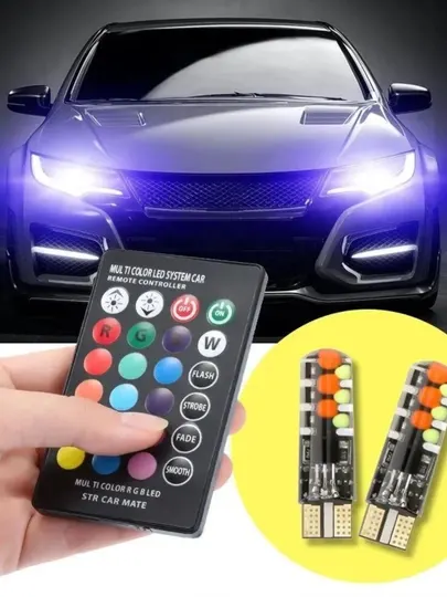 Автомобильные светодиодные цветные лампы Т10, RGB, габаритные, 2 шт