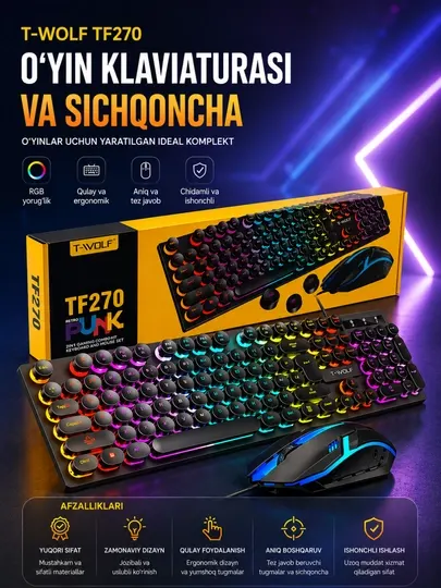 Игровой комплект T-WOLF TF200 / TF230 / TF270 – клавиатура и мышь с RGB подсветкой USB