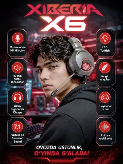 XIBERIA X6 - геймерские наушники, гарнитура с микрофоном, с RGB подсветкой, игровые