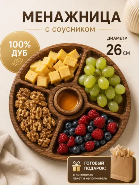RichWood Менажница деревянная круглая с соусником