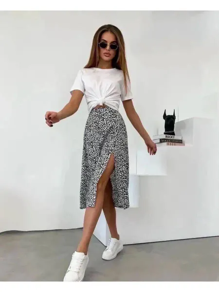 SALE_SHOP Юбка летняя миди с разрезом леопард