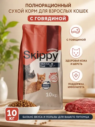 Skippy сухой корм для кошек с говядиной 10кг