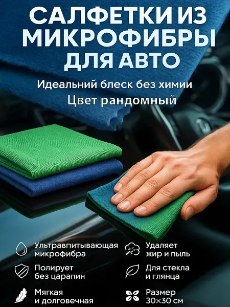 ТоваруТУС Салфетки из микрофибры для автомобиля и дома, цвет рандом