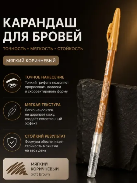 Карандаш для бровей Soft Brown, мягкий, коричневый