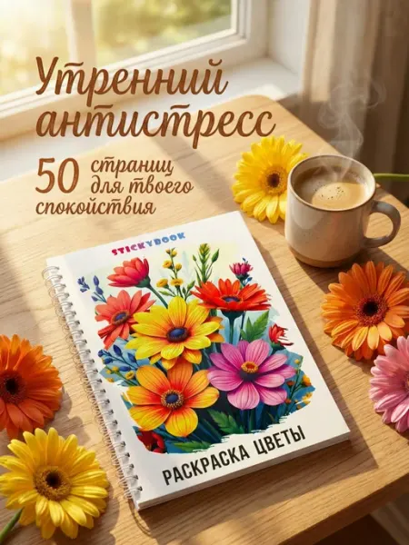 Stickybook Раскраска цветы для малышей, девочек, детей, взрослых