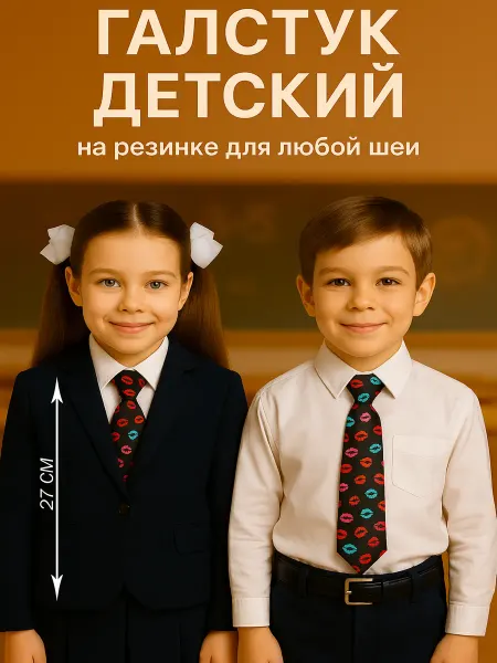 TITAN STYLE Детский галстук черный с поцелуями на резинке атласный