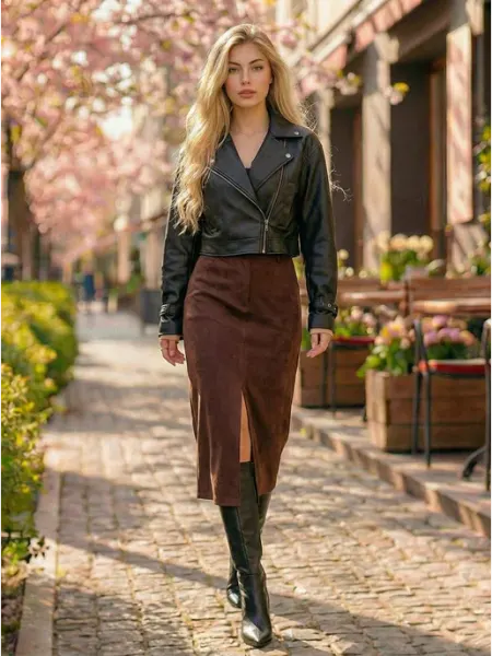 TRISHEL'S STYLE Юбка карандаш офисная замшевая с разрезом спереди