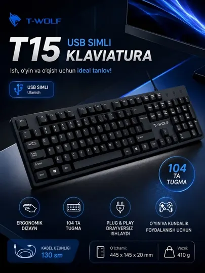 Игровая клавиатура, офисная клавиатура, проводная клавиатура, T-wolf T15
