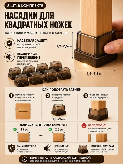 Защитные накладки для ножек стульев TPE с войлоком, антишумные, 8 шт