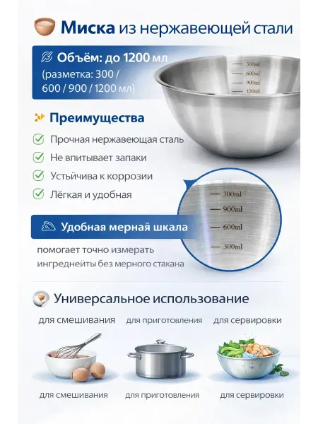 Аймиравб Миска из нержавеющей стали с мерной шкалой — 1200 мл